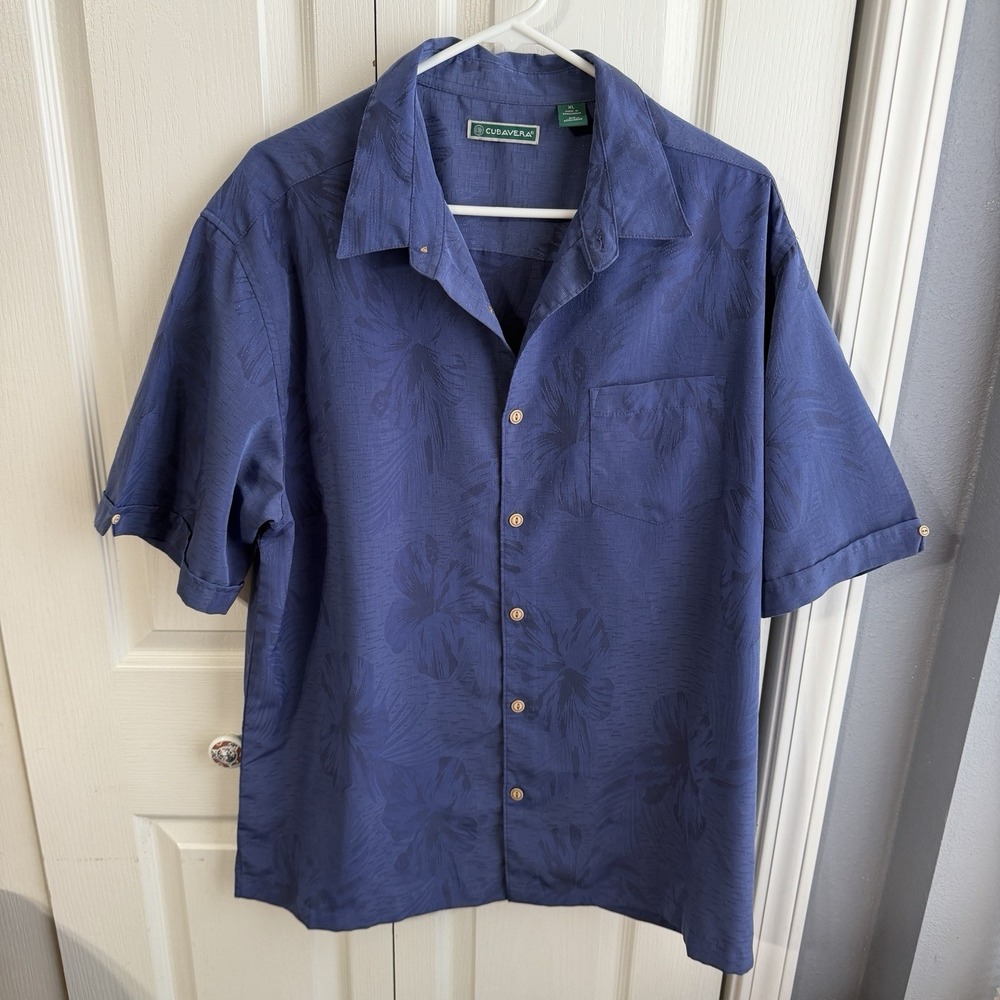 Cubavera Navy Blue Jacquard Hawaiian Floral Button Up Men's Size XL Cruise